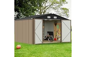 GUNJI 10 x 8 FT Shed Outdoor Storage Shed Metal Garden Shed with Lockable Door Outside Waterproof Tool Shed for Backyard, Patio, Lawn (Brown)