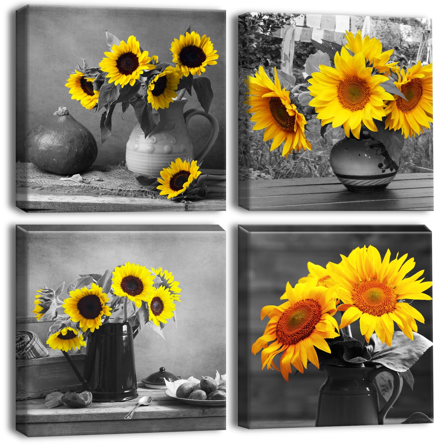 Artscope 4 Pieces Wall Art Canvas Prints - Sunflower and Gray Art Picture Painting- Modern Wall Artwork Framed for Bathroom Home Office Decor - 30 x 30 CM