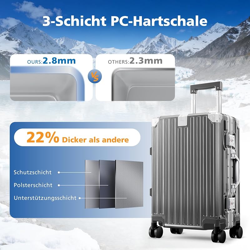 Koffer Größe M Reisekoffer Leicht Hartschalenkoffer Polycarbonat 37L Luggage Suitcase mit Rollen TSA Schloss & Aluminium Rahmen Handgepäck 37 * 22 * 55.5cm Grau