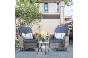 XIZZI Patio Swivel Rocking Chairs Set of 2,Outdoor 360 Degree Rotation Chair Matching Side Table,3 Pieces PE Wicker Patio Bistro Set (Grey Rattan Denim Blue)