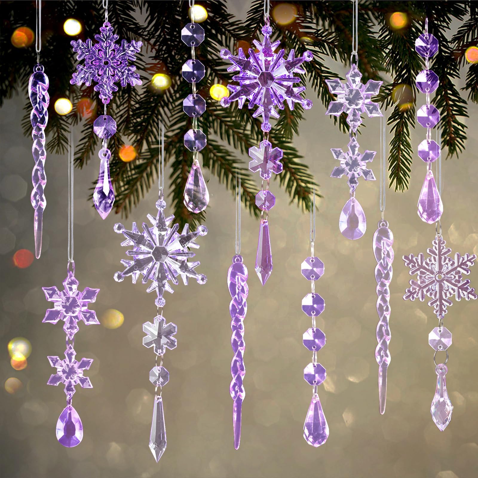 View 1 of 18pcs Crystal Christmas Ornaments for Christmas Tree Decorations-Dark Purple and Light Purple Hanging Acrylic Snowflake and Icicle Ornaments with Drop Pendants for New Year Party Decorations Supplies