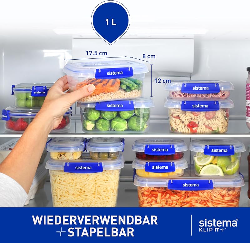 KLIP IT PLUS Frischhaltedosen-Set | 1 L | 4 luftdichte Behälter | Auslaufsicherer Verschluss | Einfache Verschlussclips | BPA-Frei
