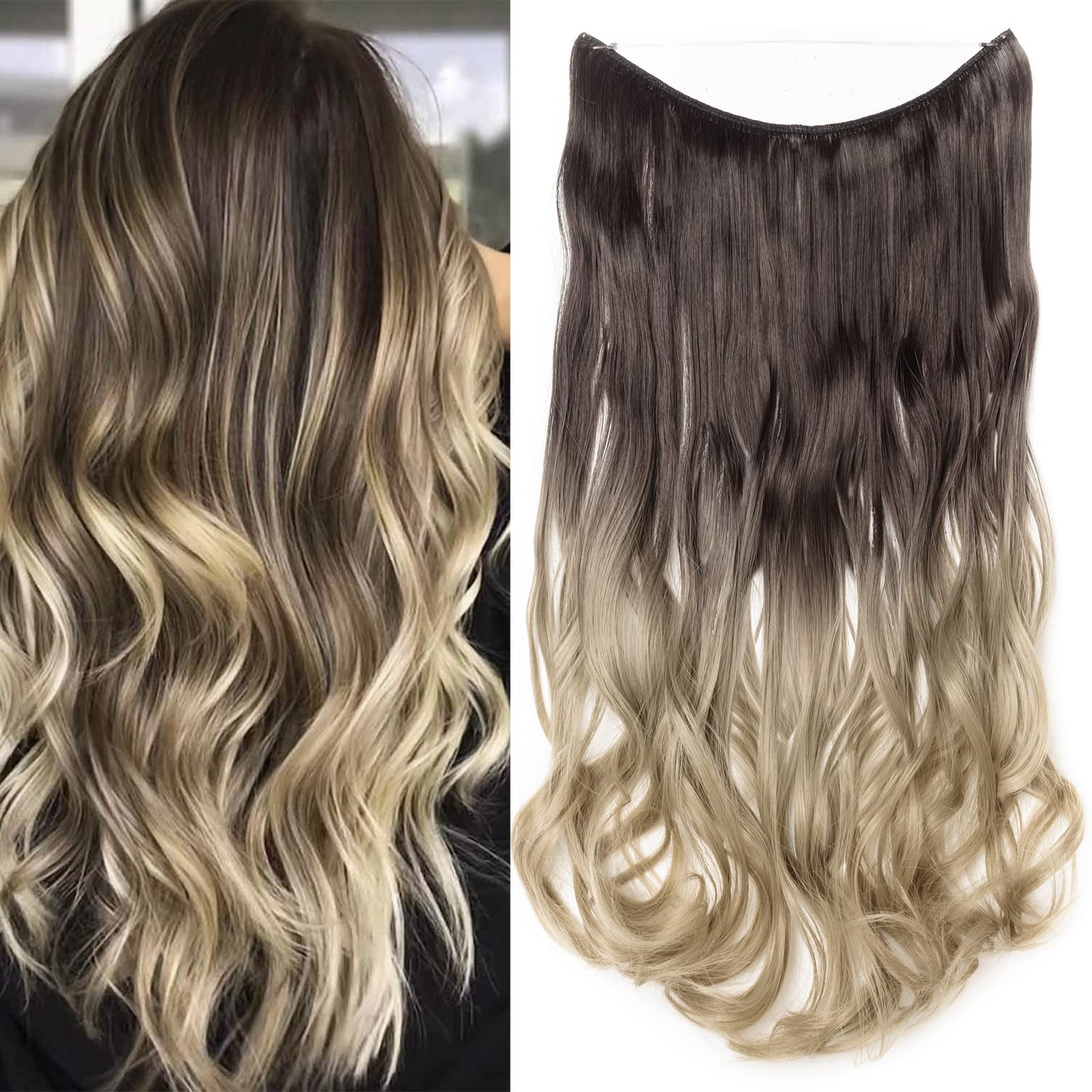 Secret Headband Wire in Natural Hair Extensions Rubber Band Straight Curly Wavy Hairpieces Brown Blonde Ombre for Women 20" Curly - Dark Brown to Ash Blonde