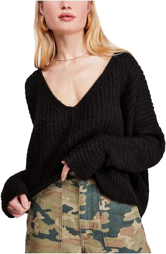 Amazon.com: Free People Womens Black Knitted Long Sleeve V Neck Sweater Size XS: Clothing