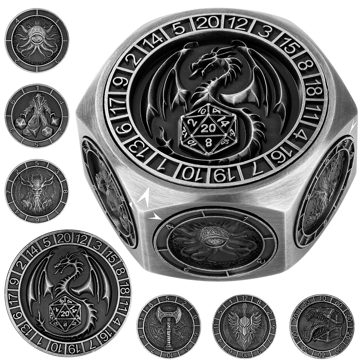 DND Fingertip Spinner Dice, 8 Sides 7-in-1 Metal Dice Set with 3D Pattern, Polyhedral Rotating Game Dice, for DND Gifts with Dragon Logo Gift Box, Role Playing Board Game Accessories, Silver