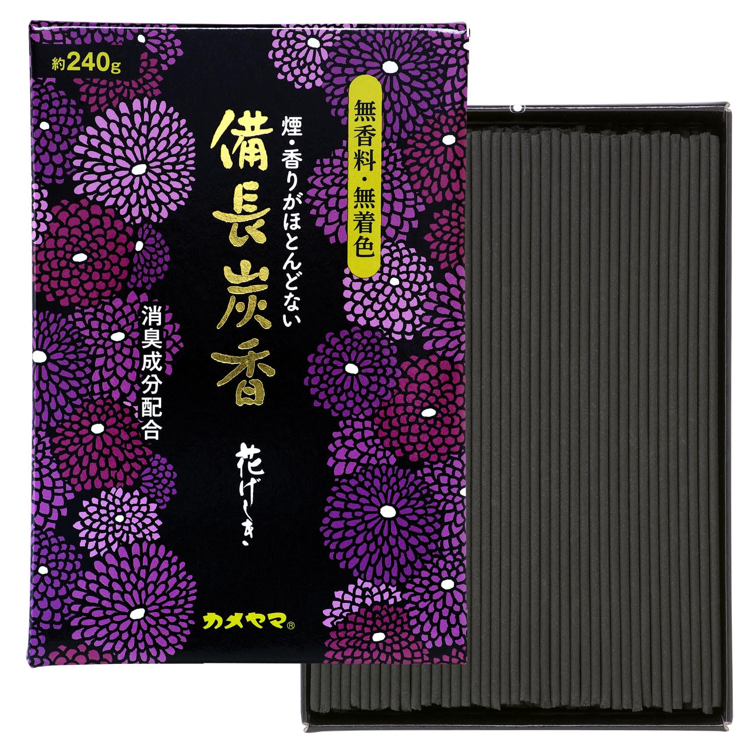 カメヤマ 花げしき 備長炭 徳用大型 約240g お線香 無香料 無着色 消臭成分配合商品画像