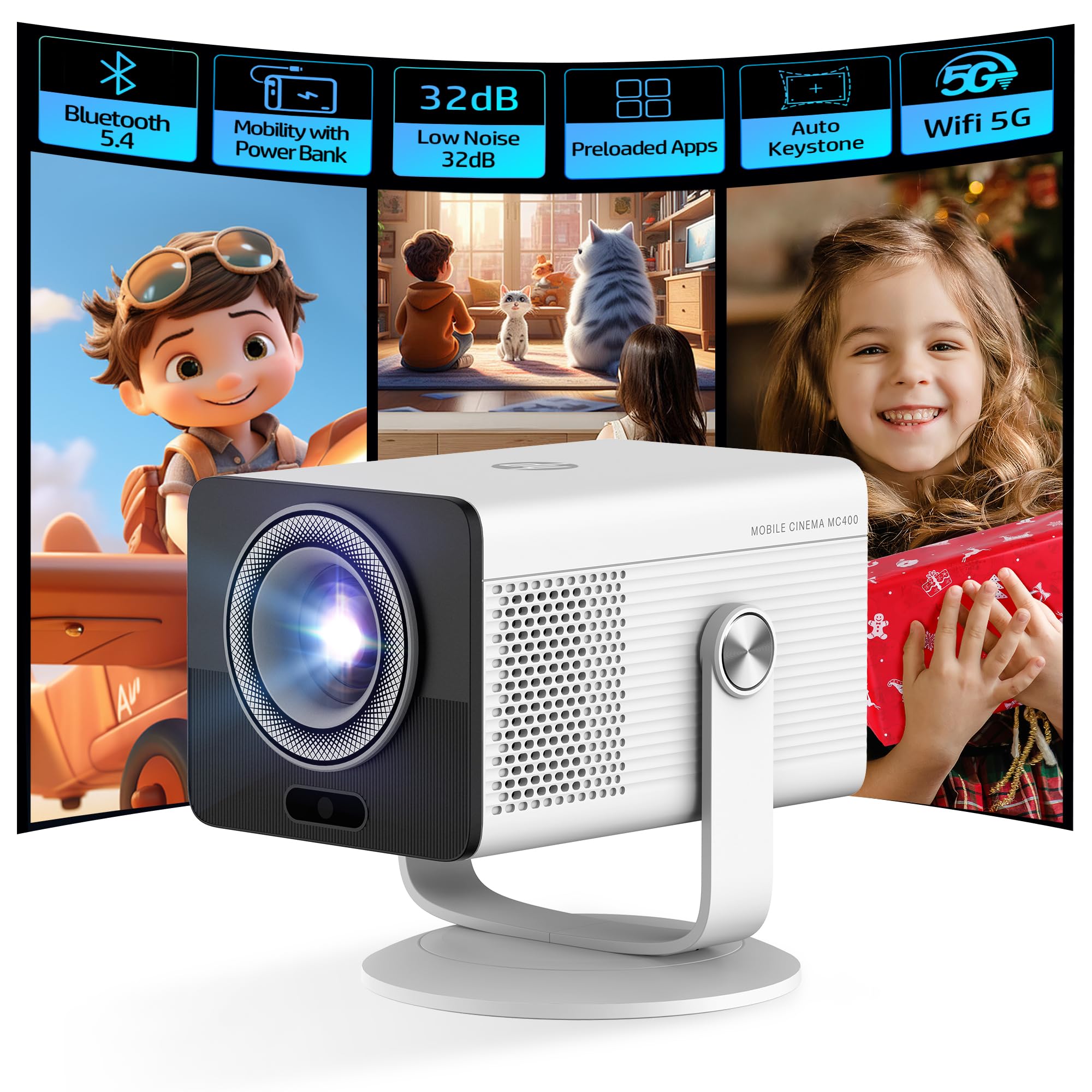 HP MC400 Mini Portable Smart Projector with WiFi and Bluetooth, Short Throw 4K Support & 1080P, Wireless Screen Mirroring, Built-in App & Speaker, USB-C Powered for Home Theater and Outdoor Movies