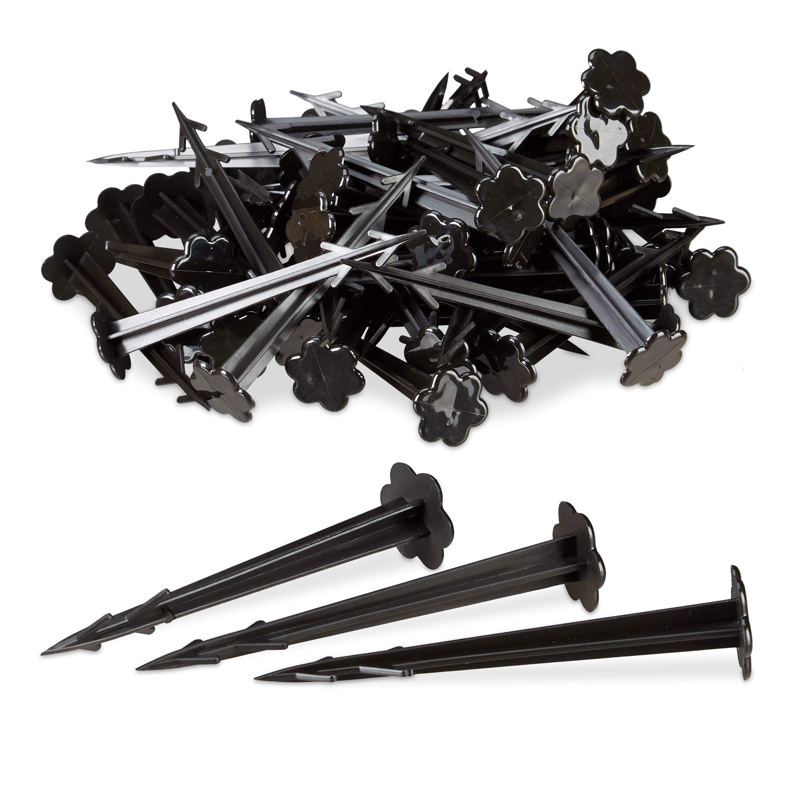 Relaxdays 11 cm Plastic Securing Pegs, Anchor Pins Set of 100, Weed Control Fabric Stakes, Black