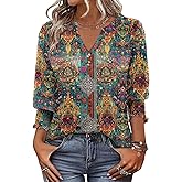 Hount 3/4 Sleeve Shirts for Women Dressy Casual Button V Neck Tops 2026 Summer Work Blouses Cute Henley Shirts