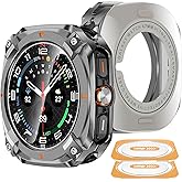 YMHML 3 in 1 Metal Case for Samsung Galaxy Watch Ultra Screen Protector 47mm, Unique Stylish Rugged Bumper + Hard PC Back Cover + 2PCS Tempered Glass Film for Galaxy Ultra 2024/2025, Gray/Orange