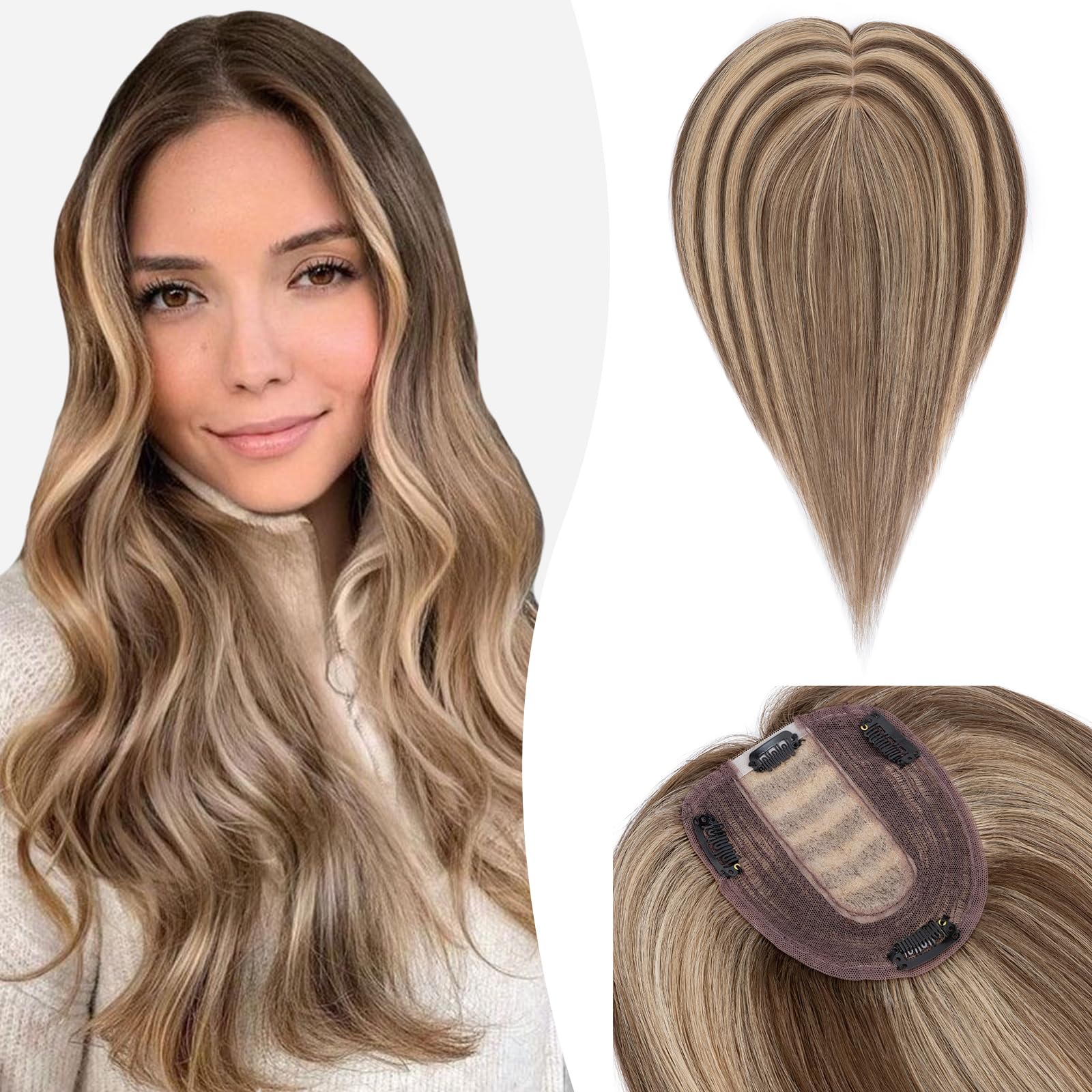 Silk-co 14inch Hair Topper for Thinning Hair Women Clip in Real Remy Human Hair Extensions Top Piece Base Size 10 * 12cm Silk+Lace Base (#4P27 Medium Brown&Dark Blonde)