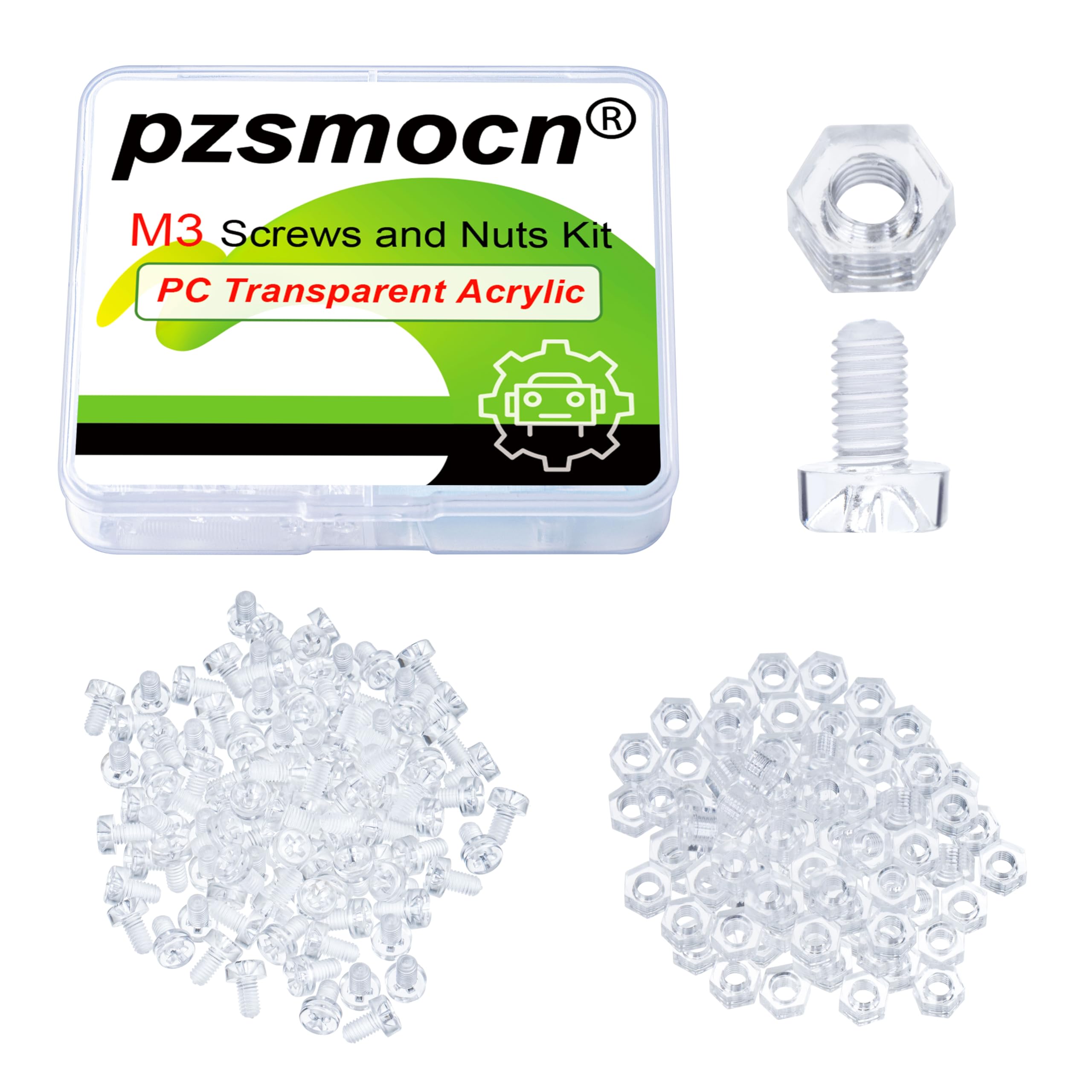 Pzsmocn 200 Pieces/100 Sets M3*5 mm PC Transparent Plastic Cross-recessed Round Head Screws and Hexagonal Nuts Kit, Corrosion-resistant, for DIY, Model and Electronic Product Fixation.