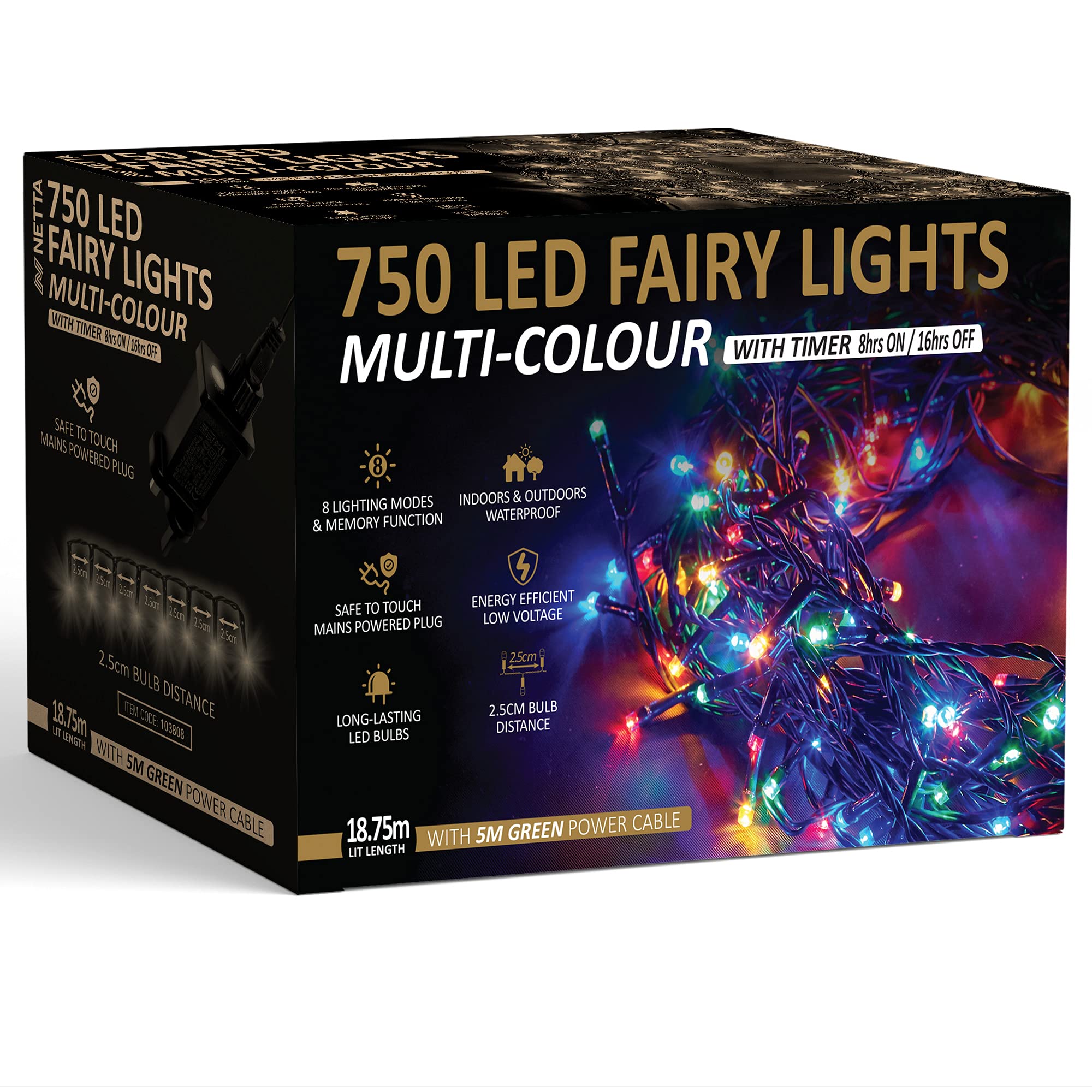 NETTA Christmas Tree Lights 750 LED 18.75m Multi-Colour - Fairy String Lights Plug in with Timer and Memory Functions - Suitable for Outdoor/Indoor Use