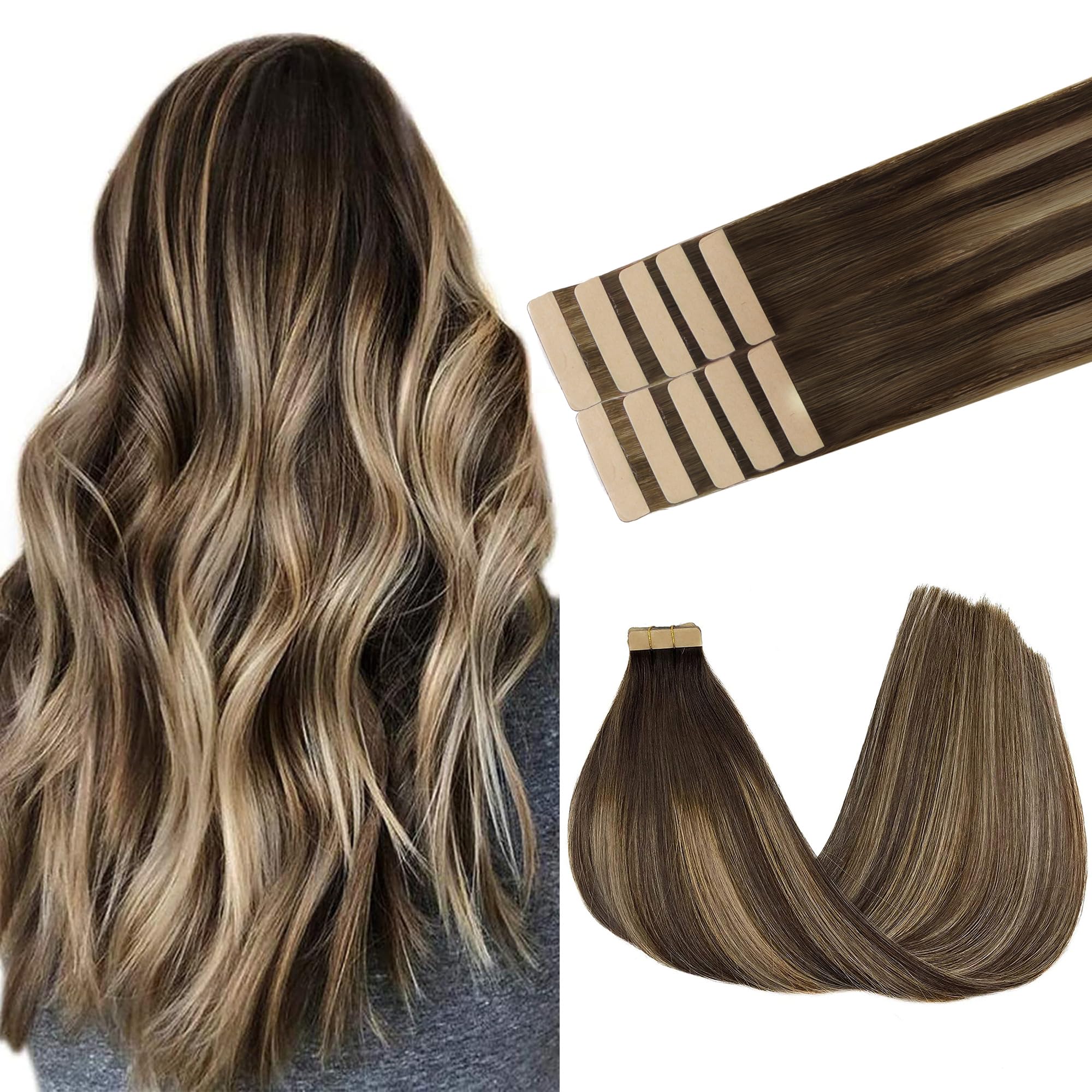GOO GOO Tape in Hair Extensions human hair, tape Hair Extensions, 18inch 25g 10pcs, Human Hair Extensions, 4/26/4 Chocolate Brown to Honey Blonde