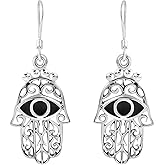 AeraVida Jewish Hamsa Hand Simulated Black Onyx Evil Protection .925 Sterling Silver Earrings | Classic Sterling Silver Dangle Earrings | Earrings for Women | Hamsa Hand Dangle Earrings