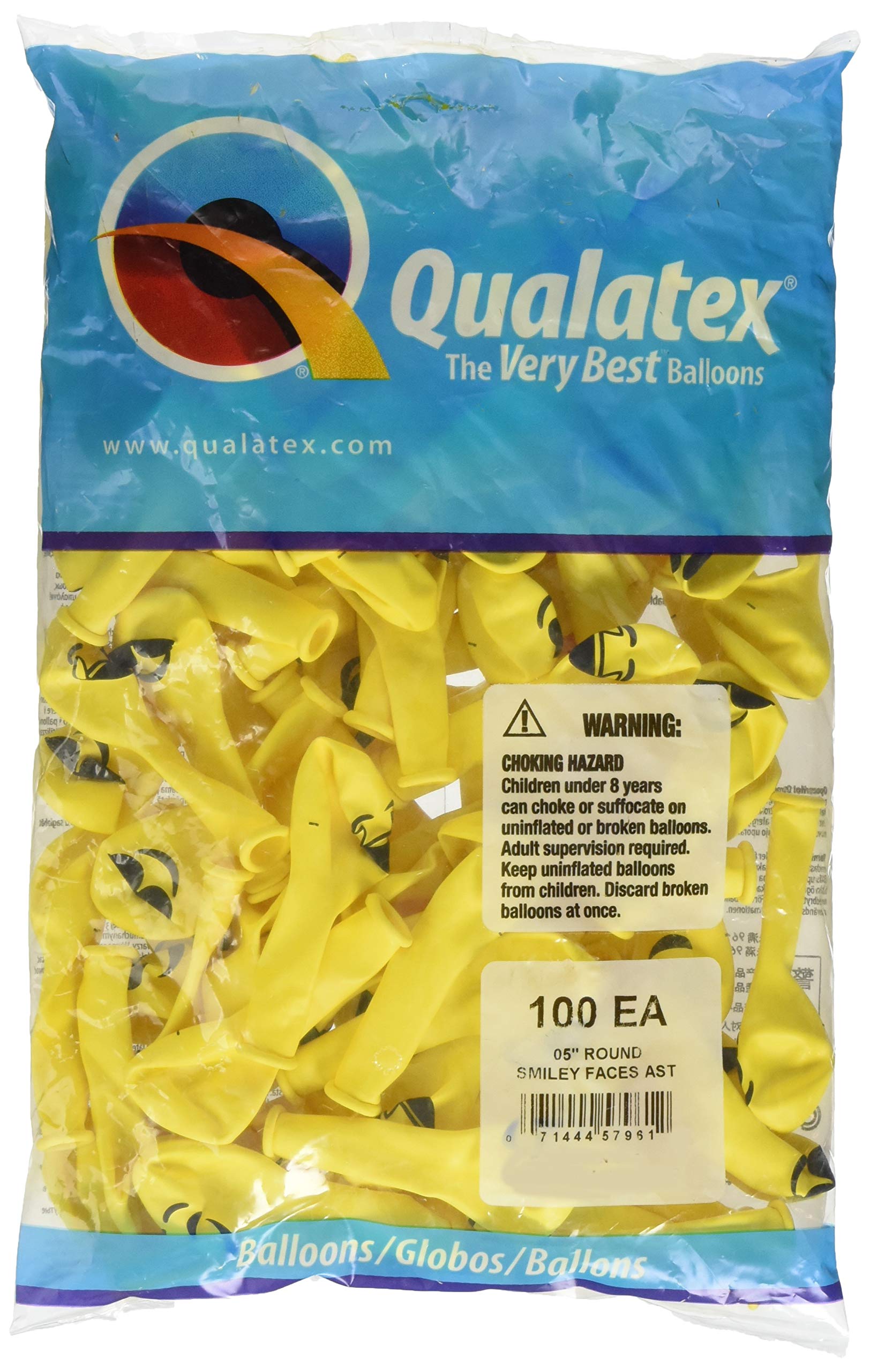Qualatex 5" floor balloons; Smiling Faces; Ct 100; Yellow Balloons Bag of 100 Balloons