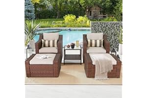 SOLAURA 5 Piece Patio Conversation Set Outdoor Furniture Set, Brown Wicker Lounge Chair with Ottoman Footrest, W/Coffee Table & Cushions (Beige) for Garden, Patio, Balcony, Deck