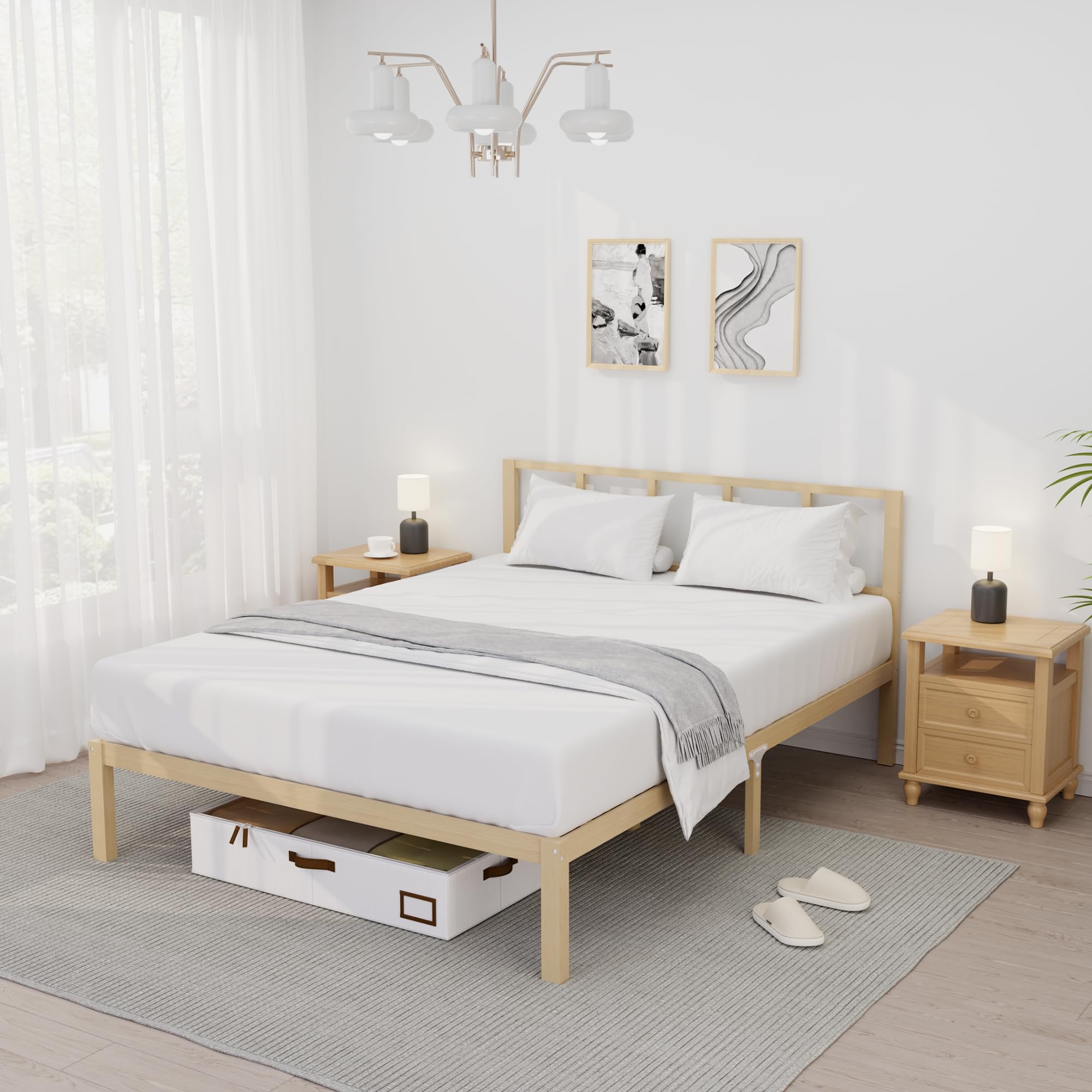 Photo 1 of 14 Inch Bamboo Bed Frame – Queen Size Solid Wood Platform Bed Frame, with Non-Slip Slats for Support, No Box Spring Needed, Easy to Assemble, Noise-Free (Natural with Headboard, Queen)