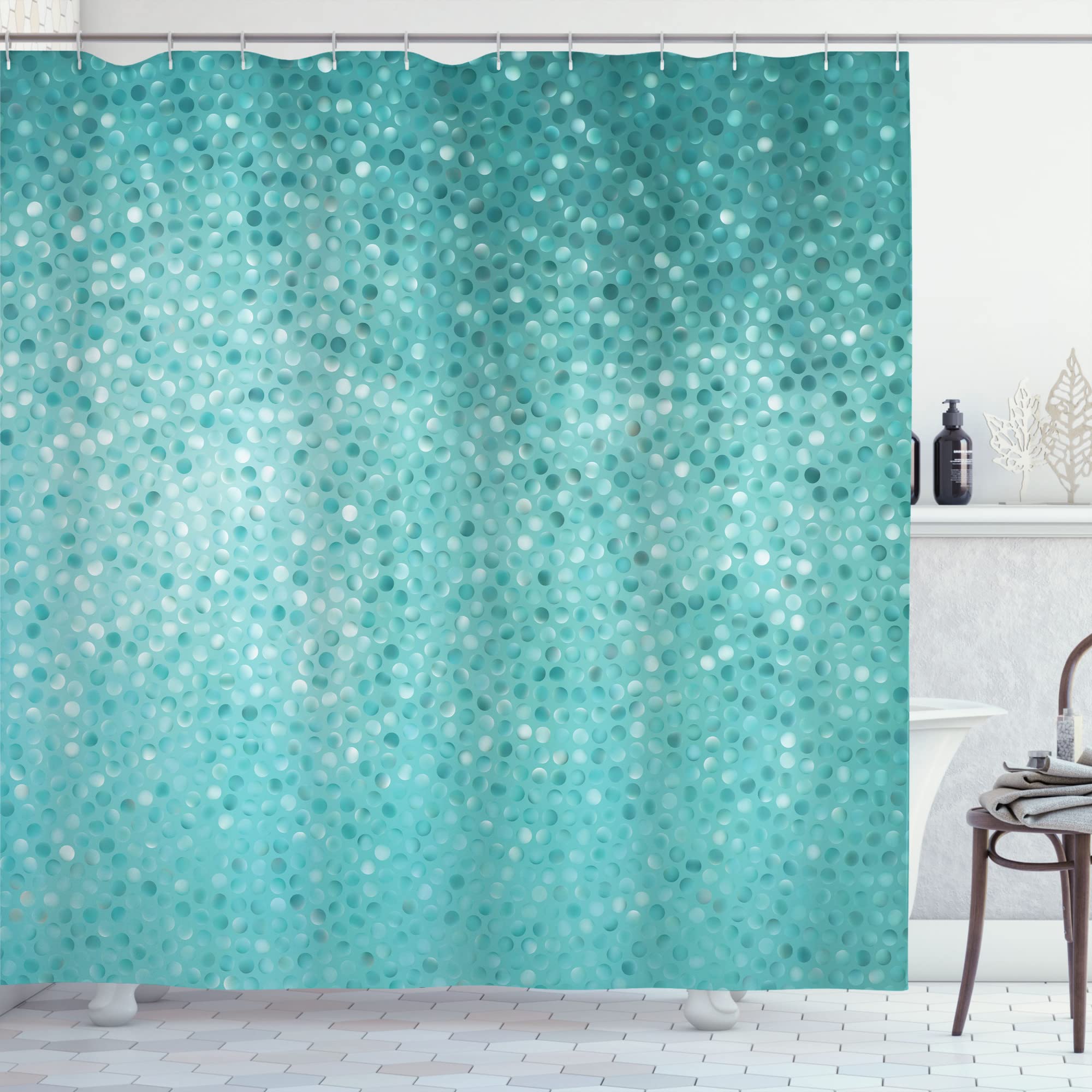 ABAKUHAUS Turquoise Shower Curtain, Small Dot Tiles Shape Simple Classical Creative Design, Cloth Fabric Bathroom Decor Set with Hooks, 94 Inches, Turquoise Seafoam