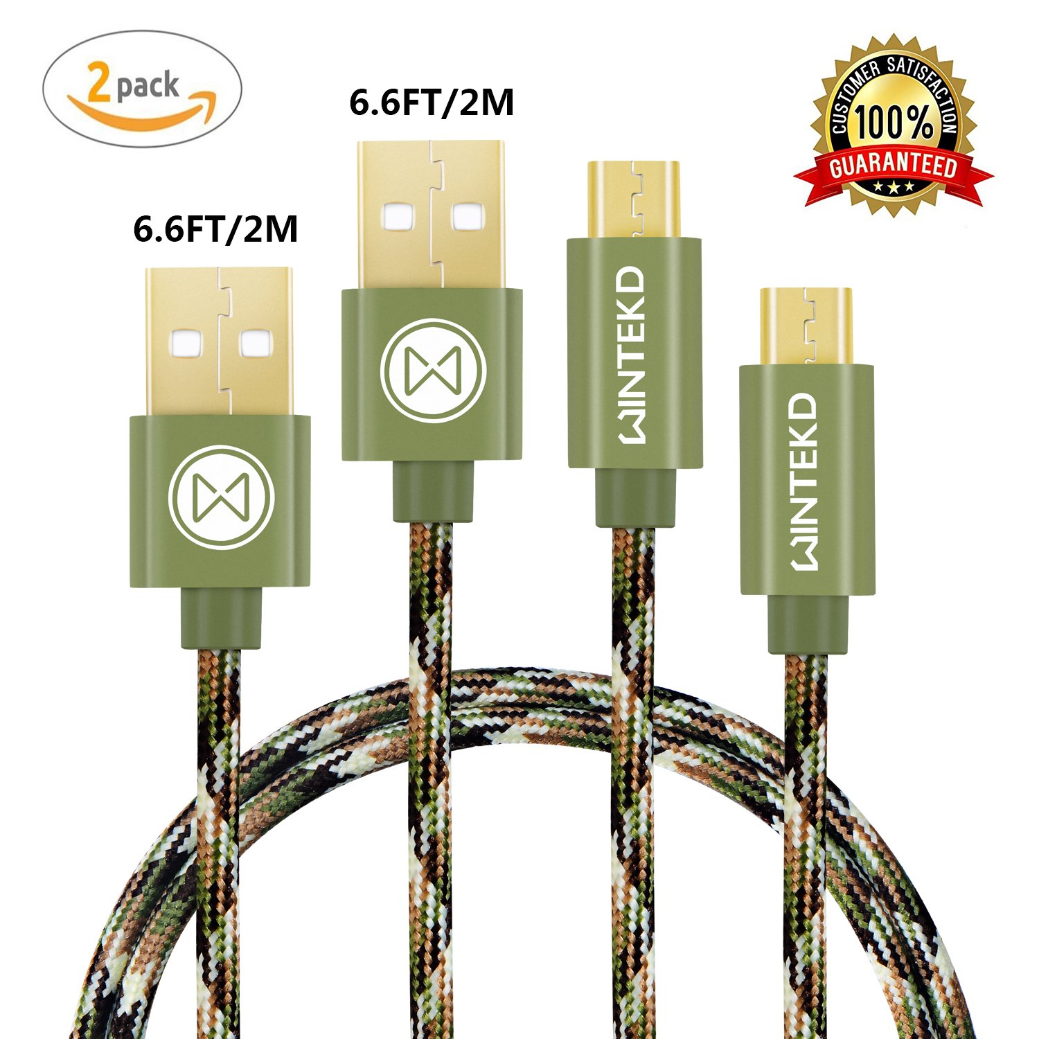 Micro USB Android Cable, WINTEKD [2-Pack 6.6ft] Premium Nylon Braided High Speed USB to Micro USB Charging Cord Android Fast Charger for Samsung Galaxy S7/S6/S5/Edge,Note 5/4/3,HTC,LG - (Camo Green)