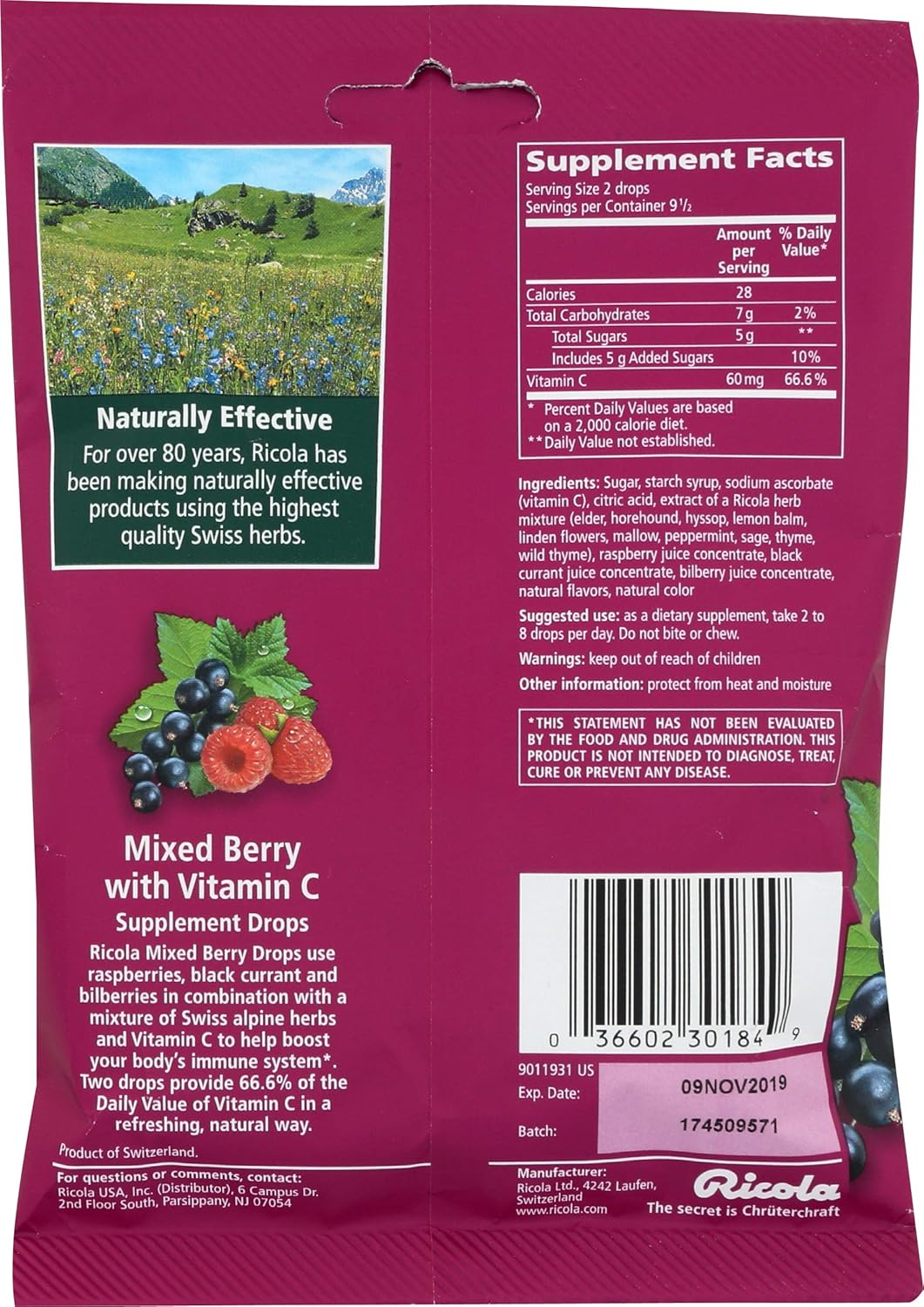 Ricola Mixed Berry with Vitamin C Supplement Drops, 19 Drops: Health & Personal Care