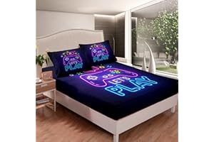 NINENINE Gaming Fitted Sheet Twin Size,Gamer Bedsheets for Boys Teens Kids,Gamepad Video Games Bedding Set with 1 Fitted Sheet and 1 Pillow Case