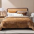RECYCO Luxury Velvet Quilt Set King Size Bedding Sets, Ultra Soft Velvet Comforter Set, Lightweight Channel Box Stitch Oversized Bedspread Coverlet for All Season, with 2 Shams, Caramel Gold