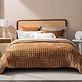RECYCO Luxury Velvet Quilt Set King Size Bedding Sets, Ultra Soft Velvet Comforter Set, Lightweight Channel Box Stitch Oversized Bedspread Coverlet for All Season, with 2 Shams, Caramel Gold