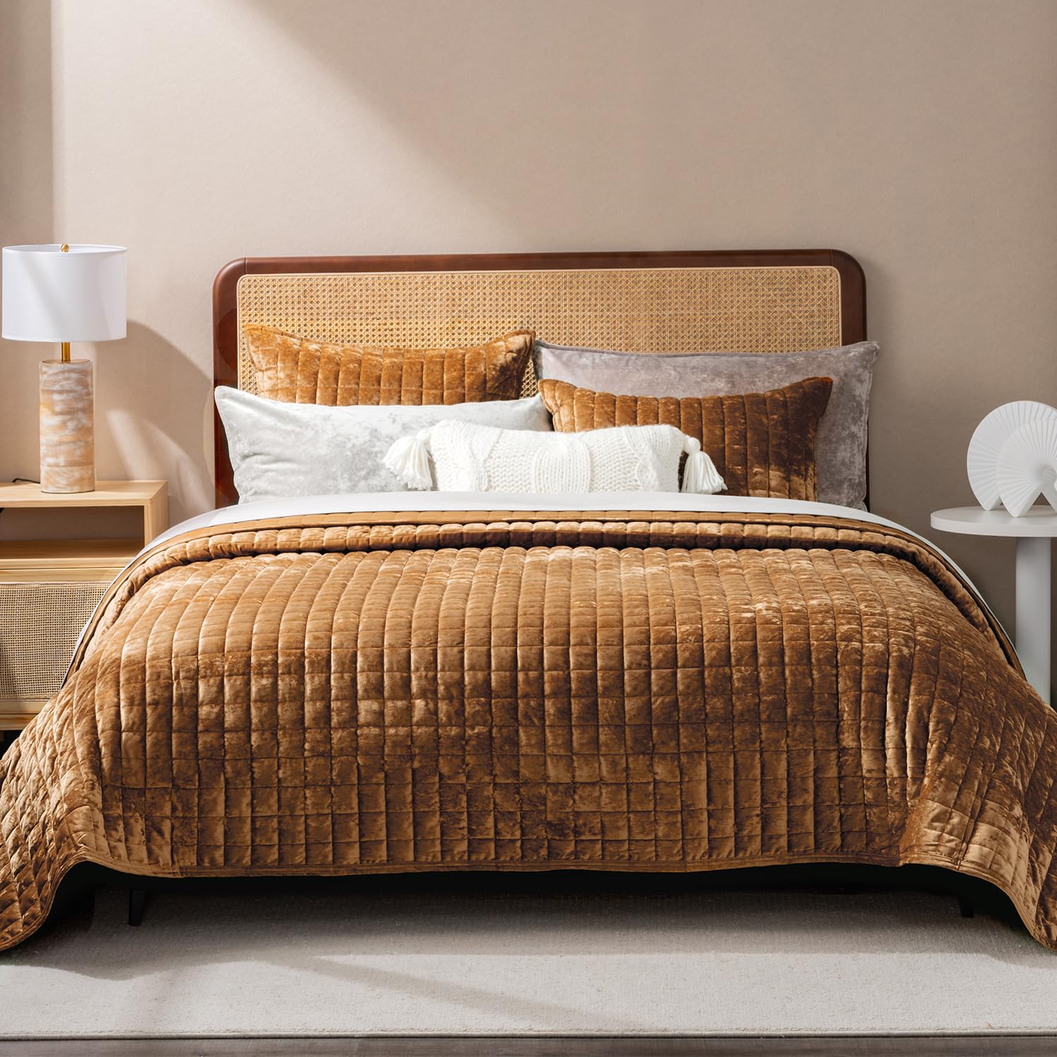 Photo 1 of RECYCO Luxury Velvet Quilt Set Full Queen Size Bedding Sets, Ultra Soft Velvet Comforter Set, Lightweight Channel Box Stitch Oversized Bedspread Coverlet for All Season, with 2 Shams, Caramel Gold