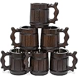 Handmade Beer Mug Set of 6 Oak Wood Stainless Steel Cup Wooden Tankards Retro Brown 16oz