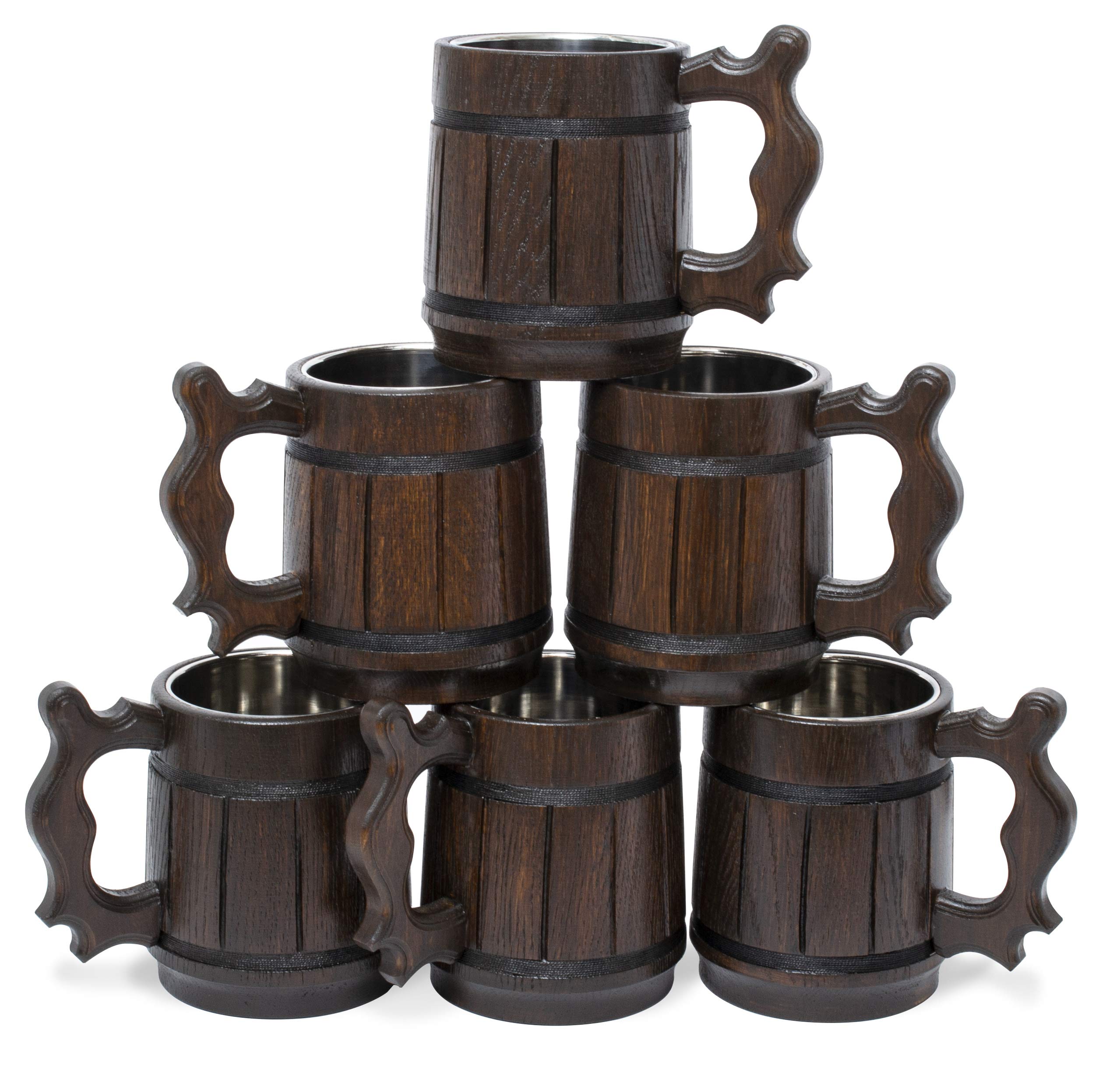 Set of 6 Beer Mug 20 OZ - Tankard Mug - Beer stein - Wooden beer mug - Stainless Steel Cup - Handmade Gifts for Men - Fathers Day, Christmas or Birthday Gift Idea - Retro Brown