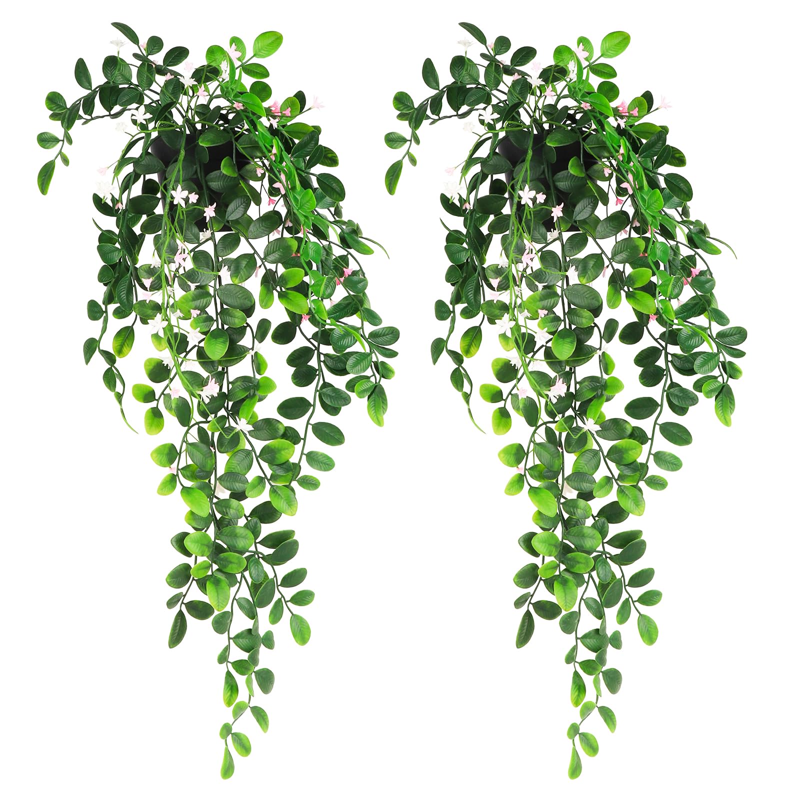 Photo 1 of 2 x Fake Hanging Plants Small Artificial Potted Lysimachia Plants with White Pink Flowers for Home Decor Nearly Natural Hanger Greenery for Wall Room Indoor Outdoor Shelf Decor