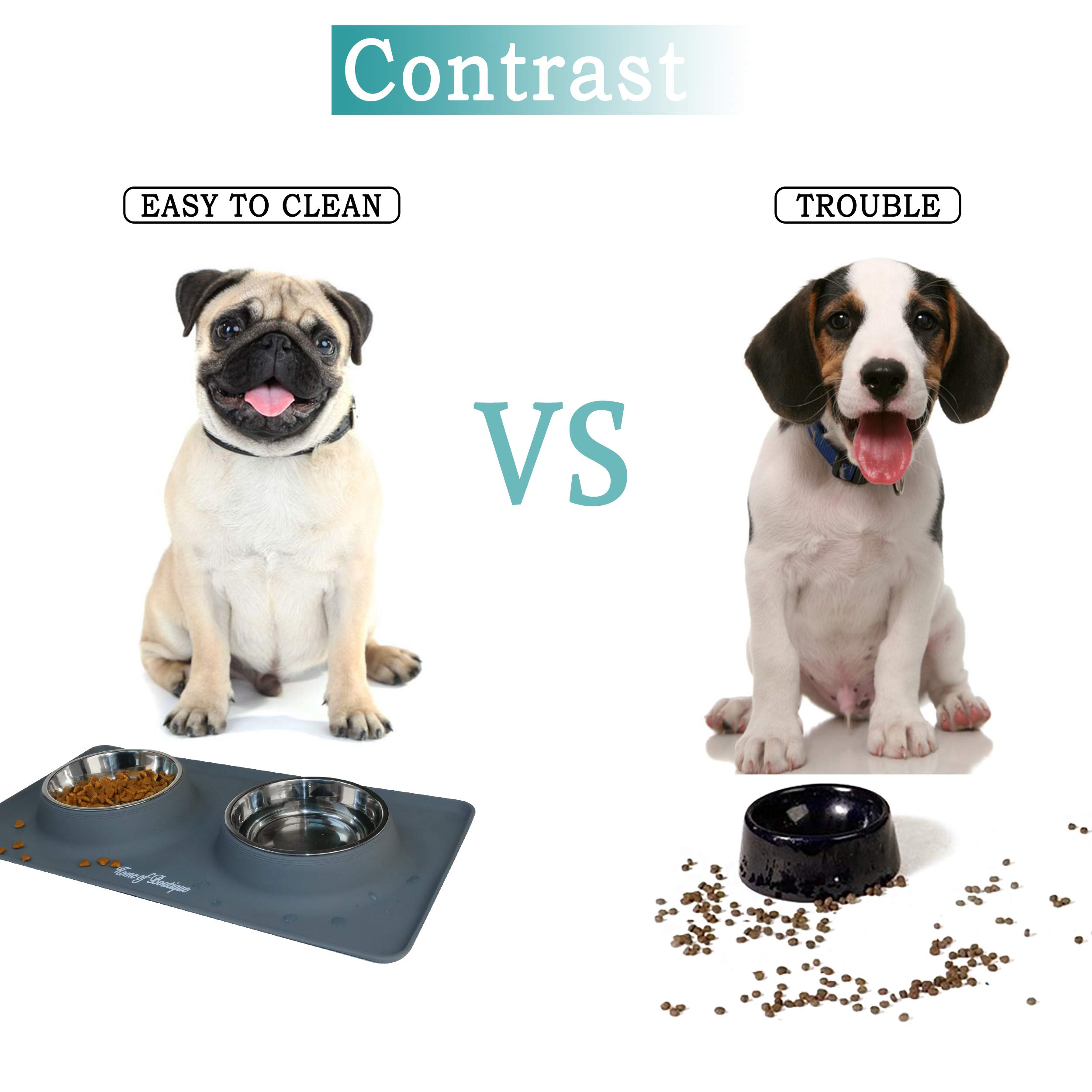Home of Boutique Dog Bowls, Stainless Steel Pet Food Bowl, Cat Water Bowls with No-Spill Anti-Slip Silicone Mat for Large or Medium Dogs or Cats, Set of 2 Bowls (L, Gray)