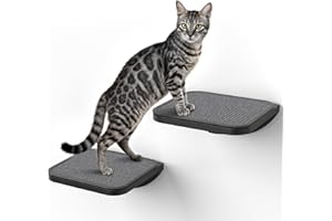 PELUOMOZ Grey Sisal-Padded Cat Wall Steps (2-Pack), Floating Wooden Cat Perch and Climbing Step Set, Wall Mounted Furniture for Jumping & Play