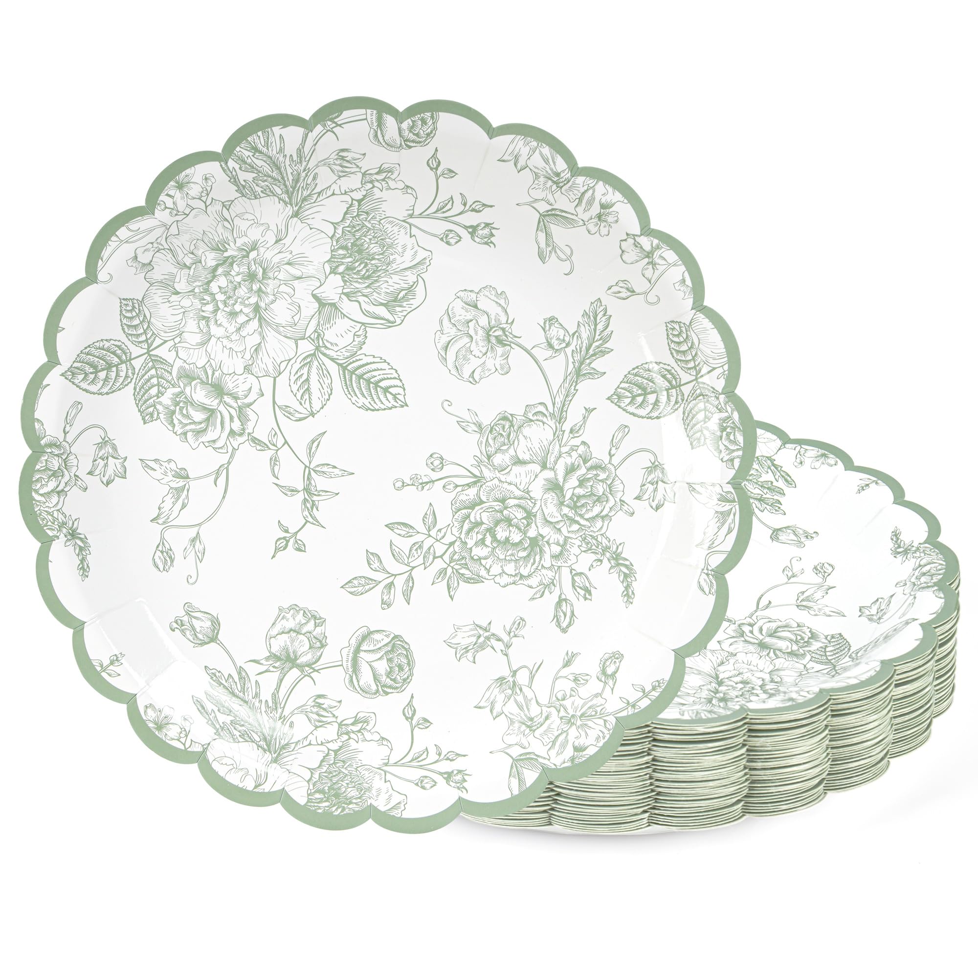 Photo 1 of Elyxio Floral Party Plates Floral Leaf Scalloped Disposable Paper Plates Sage Green and White Toile 9" Dinner Plates for Christmas Bridal Baby Shower Tea Party Supplies Table Decor (48, Sage Green)