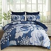 Luxudecor Floral Comforter Set King Size 7 Pieces Bed in a Bag,Flower Print on Blue Bedding Set,Soft Microfiber Bedding Set for All Season (Blue,104"x90")