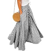 Women's High Waisted Flowy A-Line Maxi Long Skirt Vintage Gingham Ruffled Pleated Casual Skirts Outfits