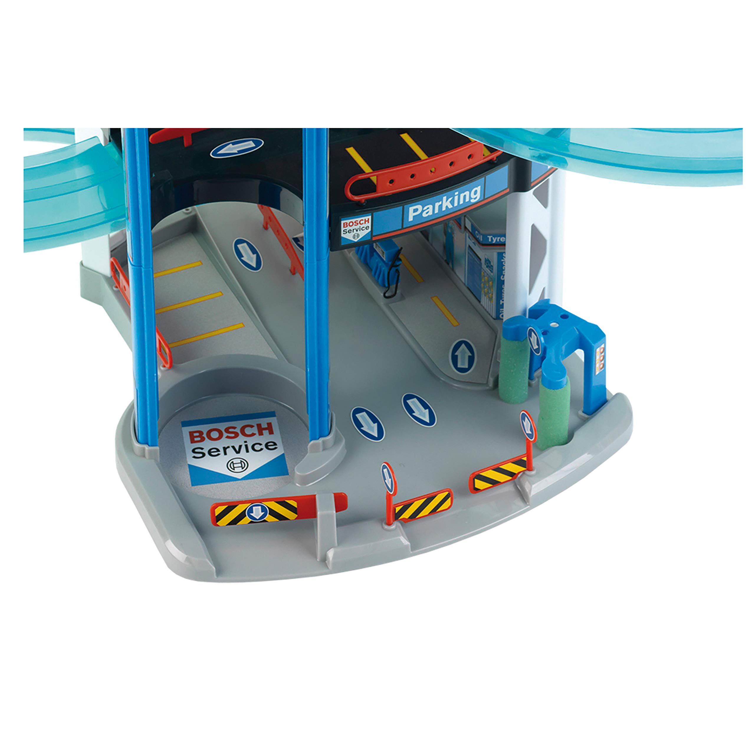 Theo Klein 2813 Bosch Car Service Parkhaus I Mit 5 Ebenen, doppelter Abfahrtrampe, 2 Rennautos, Fahrstuhl und vielem mehr I Maße: 55 cm x 55 cm x 85 cm I Spielzeug für Kinder ab 3 Jahren 6