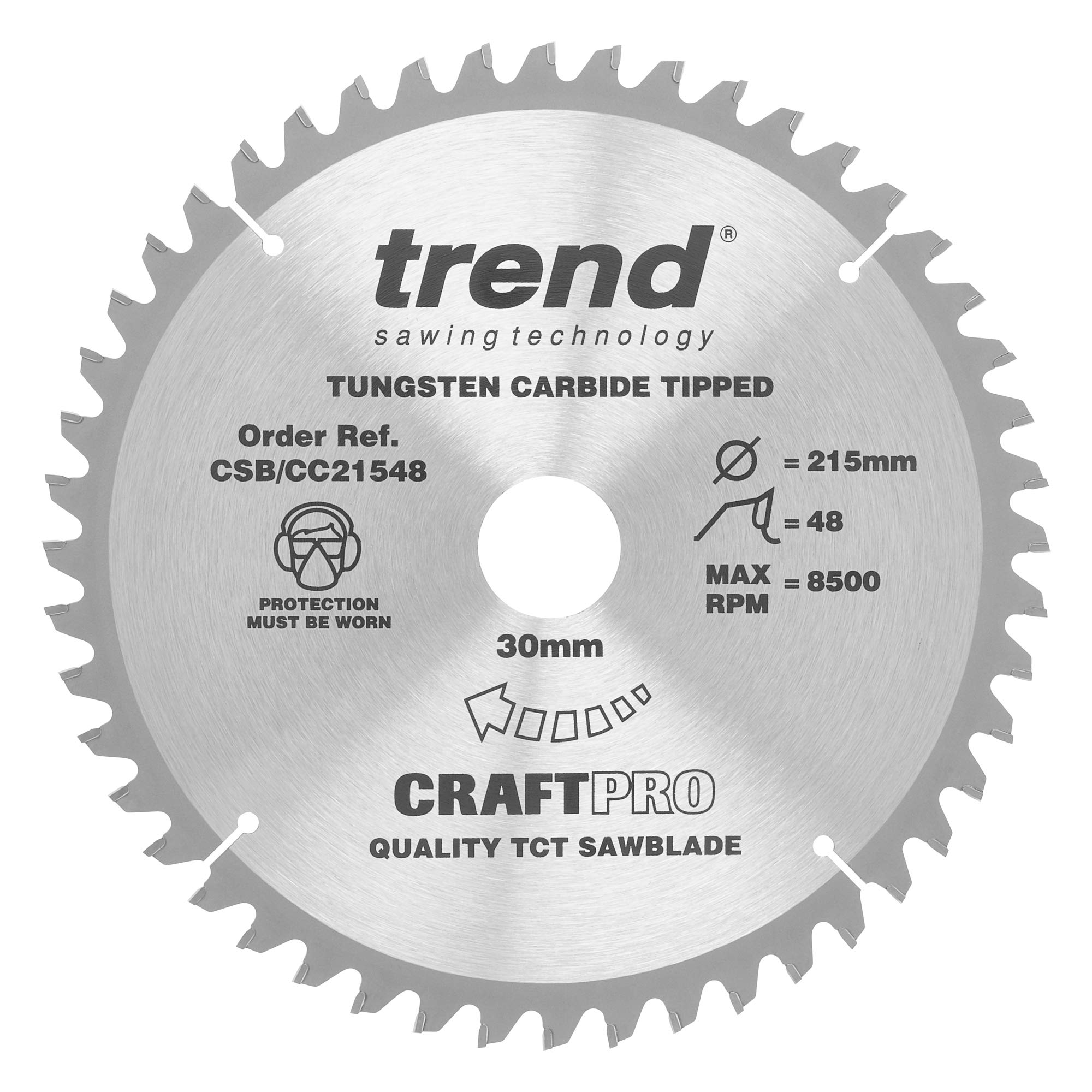 Trend Wood Mitre Saw Blade, 215mm Diameter, 30mm Bore, 48 Teeth, 2.6mm Kerf, -5° Hook, TCT, Medium/Fine Finish, CSB/CC21548