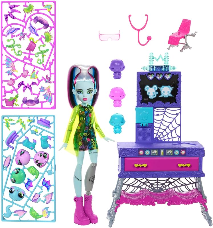 Frankie Stein Cria o teu kit de brincadeiras de animais monstro com boneca e mais de 30 acessórios para criar quantos animais quiseres, laboratório científico louco, JBF18, Lilas.
