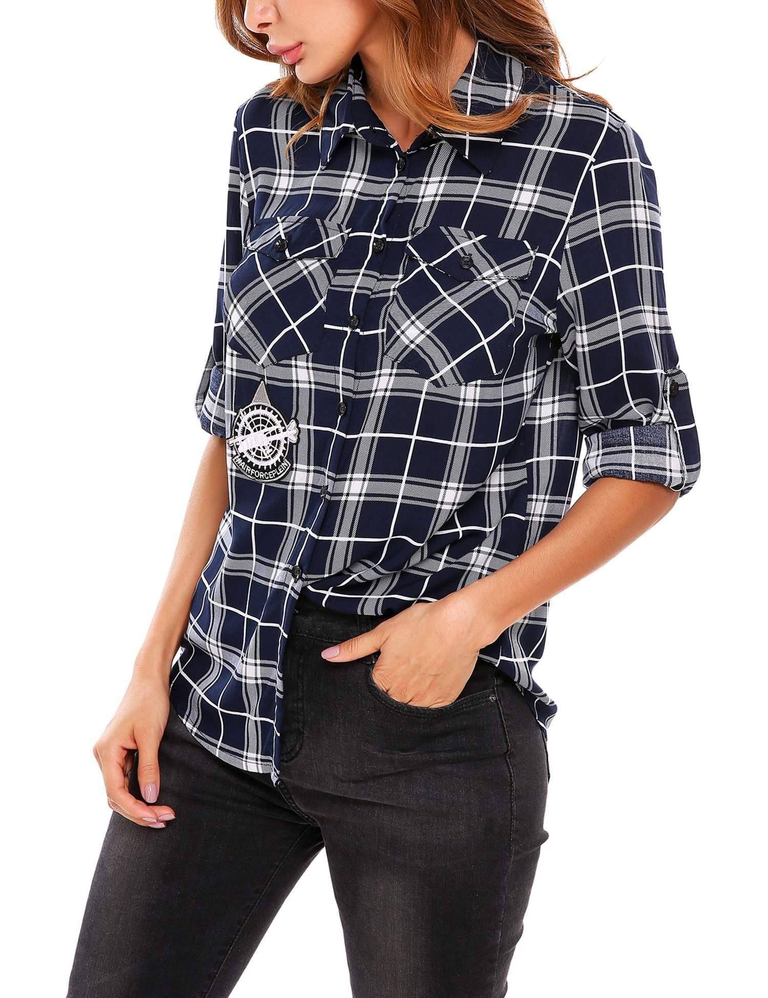 Women\'s Roll Up Sleeve Casual Loose Boyfriend Plaid Button Down Shirt SE MIU