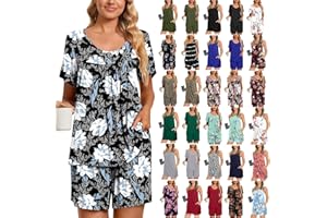 Cbcbtwo 2 Piece Pajamas Sets for Women Soft Comfy,Summer Casual Short Sleeve Tops and Shorts Elegant Floral Lounge Sleepwear