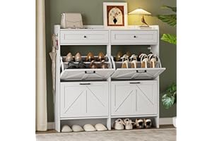 BORNOON Shoe Storage Cabinet for Entryway, Farmhouse Wide Shoe Cabinet with 4 Flip Drawers and 2 Top Drawers, Freestanding Organizer with Adjustable Shelves, Hooks, and Anti-Tip Kit for Hallway