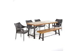 Christopher Knight Home Morley Outdoor Acacia Wood Dining Set with Wicker Stacking Chairs, 6-Pcs Set, Teak Finish / Rustic Metal / Multibrown