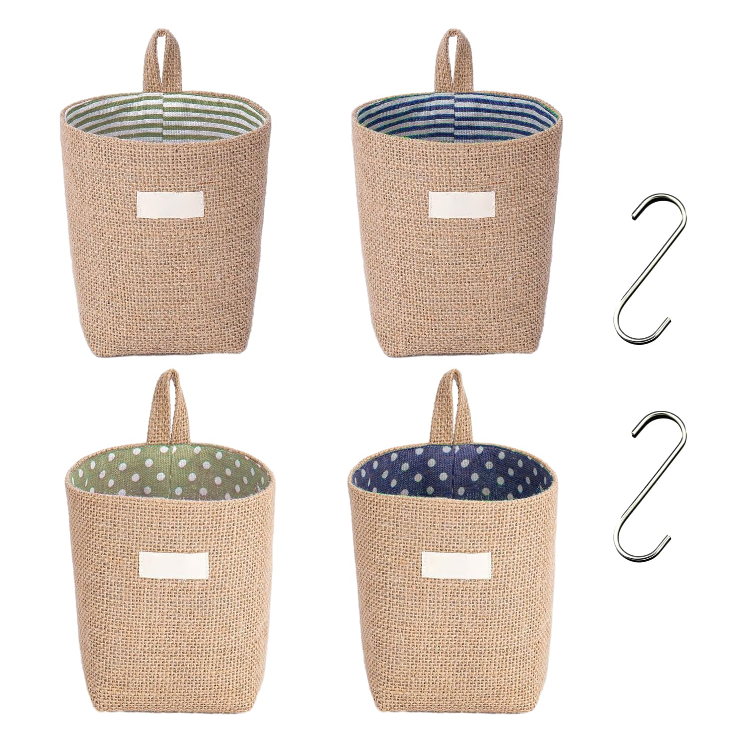 KVBUCC 4 Linen Hanging Bags,Storage Bags,Hanging Storage Baskets,Desktop Arrangement,Folding Storage Baskets,Detachable Folding,With S Hooks, Suitable For Home Storage,Toy Storage