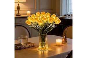Radiant Romantic Tulip Night Lamp, 15 Piece Twinkling LED Artificial Flower Light for Bedroom Bedside Decor (Yellow)