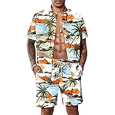 LecGee Mens Coconut Tree Hawaiian Sets Casual Short Sleeve Button Down Shirts Shorts 2 Piece Outfits Summer Tracksuit