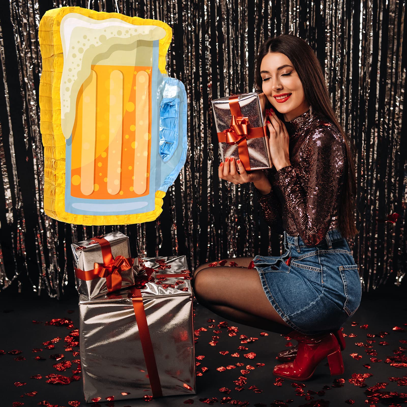 Sratte Beer Piñata with Stick and Blindfold Confetti Cheers to Beers Glass Mug Hanging Decoration Mexican Piñatas for Adult Birthday Bachelor Party Game Supplies (Lovely)