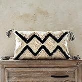 Woven Tufted Boho Lumbar Throw Pillow Cover, Modern Decorative Geometric Chevron Cushion with Tassels, Farmhouse Tribal Pillowcase for Couch Sofa Bedroom Living Room, 12 x 20 Inches, Black, Ivory
