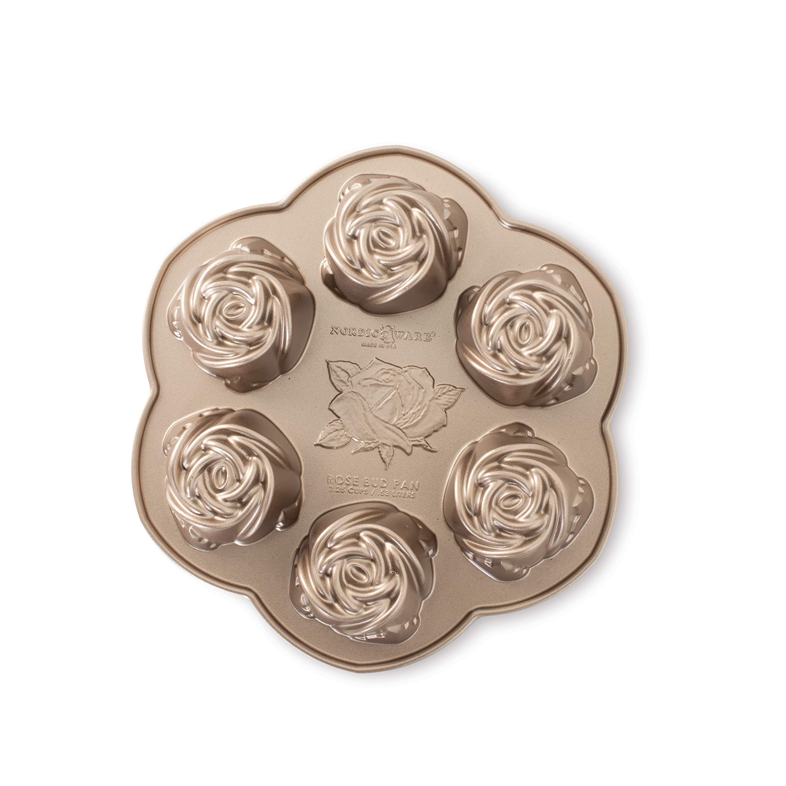 Nordic Ware 85148 Rosebud Cake Pan, Rose Shaped Cake Mould Tray, Cast Aluminium Cake Tin, Muffin Tray for Six Perfect Rosebuds, Made in the USA Colour: Toffee, 2 1/4 Cup Capacity